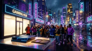 Neonbeleuchtete Gaming-Hub Straße mit feiernden Menschen und Neon-Schildern