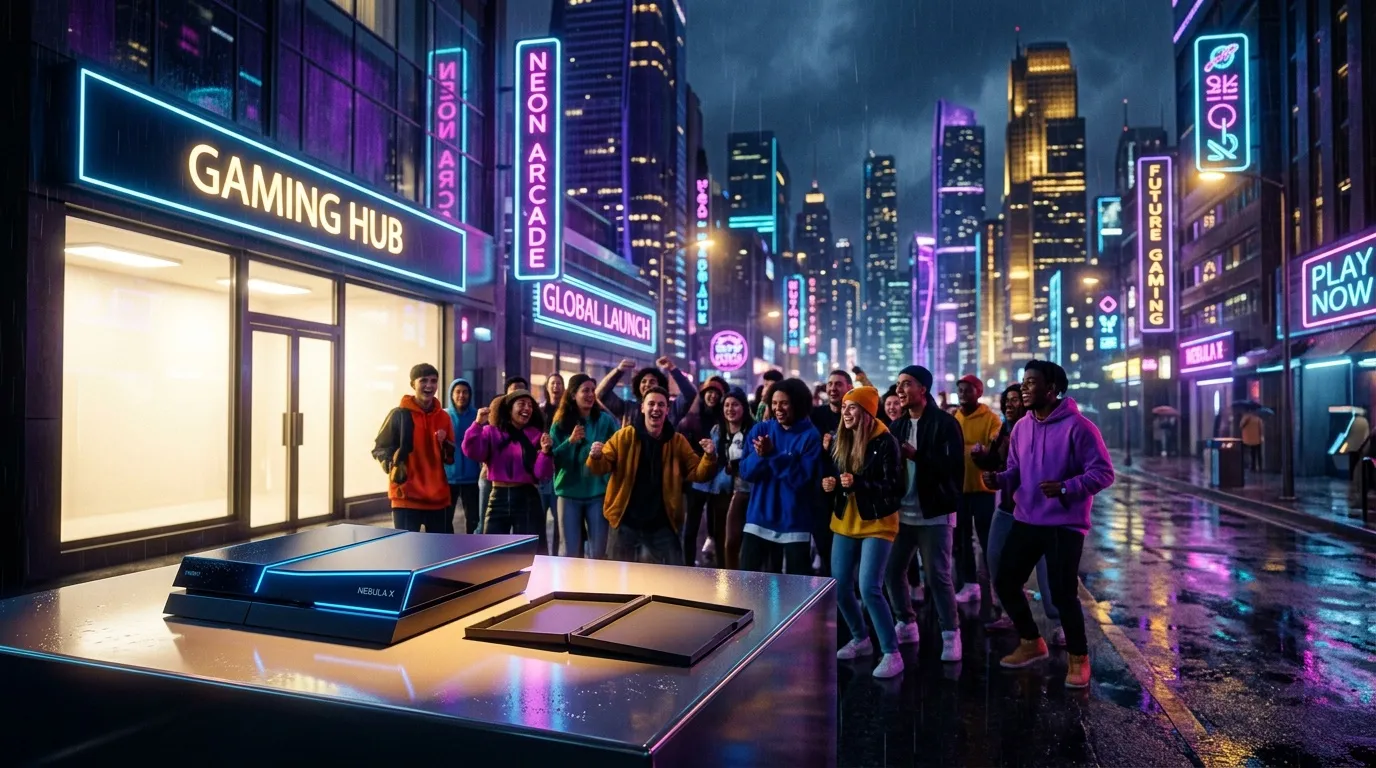 Neonbeleuchtete Gaming-Hub Straße mit feiernden Menschen und Neon-Schildern