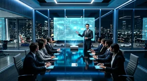 Geschäftsleute in modernem Konferenzraum mit digitalen Displays