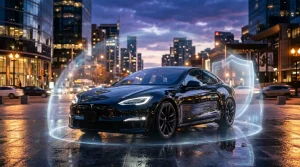 Schwarzes Tesla-Fahrzeug mit Schutzschild in Stadtkulisse