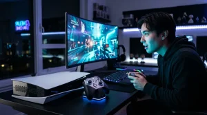 Junger Mann spielt Videospiel an modernem Gaming-Setup mit Monitor