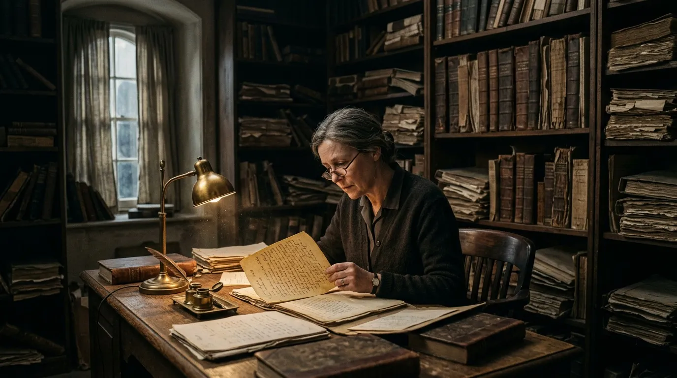 Ältere Frau liest antike Manuskripte an Schreibtisch