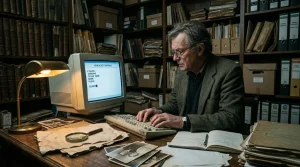 Älterer Mann recherchiert Genealogie am Computer in Archiv