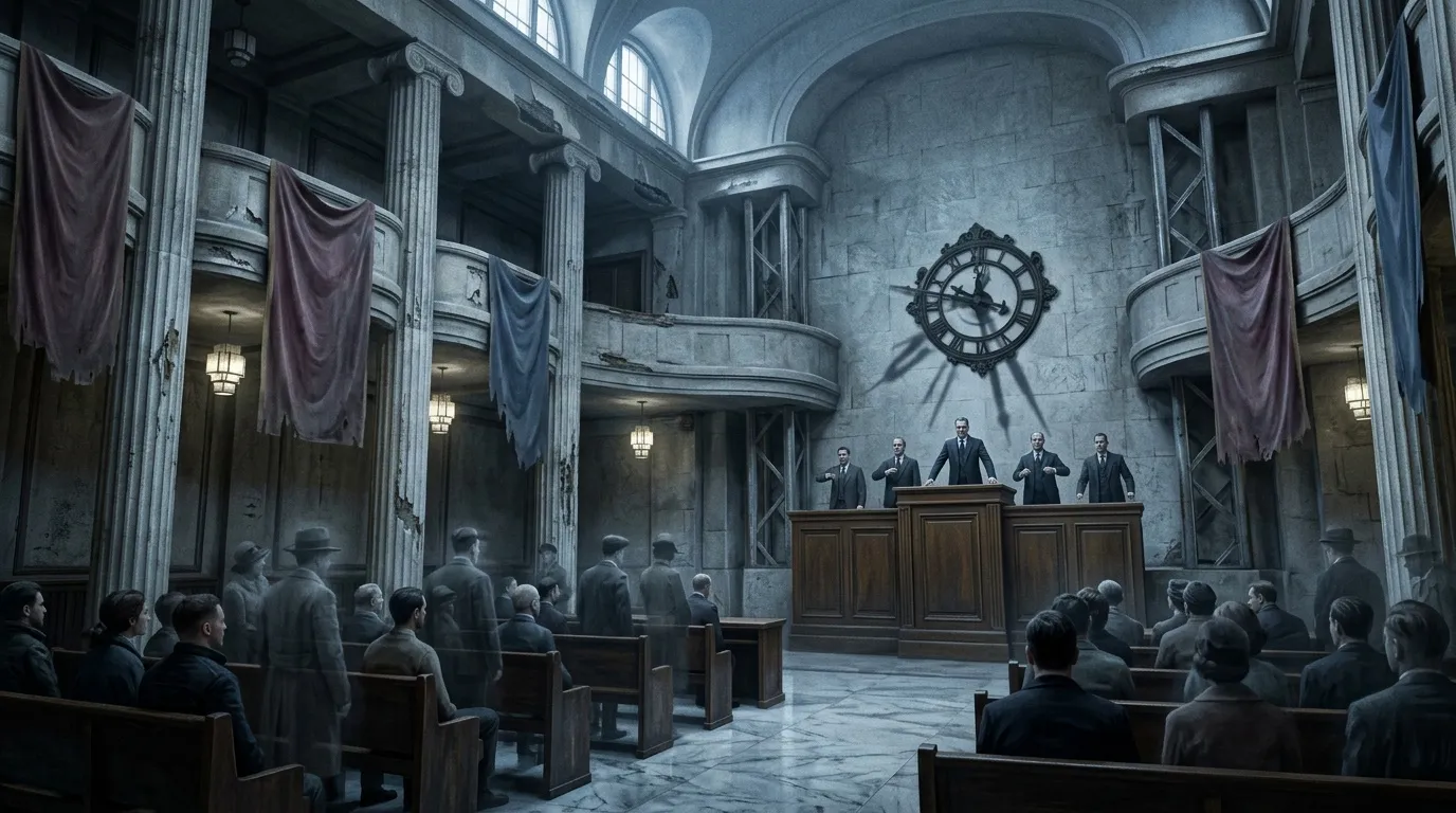 Richter und Angeklagte in großem Gerichtssaal mit Uhr