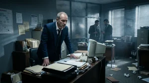 Mann im Anzug arbeitet an seinem Schreibtisch im Büro