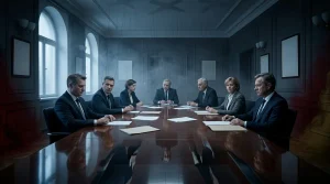 Sieben Geschäftsleute sitzen am Konferenztisch in formeller Besprechung.