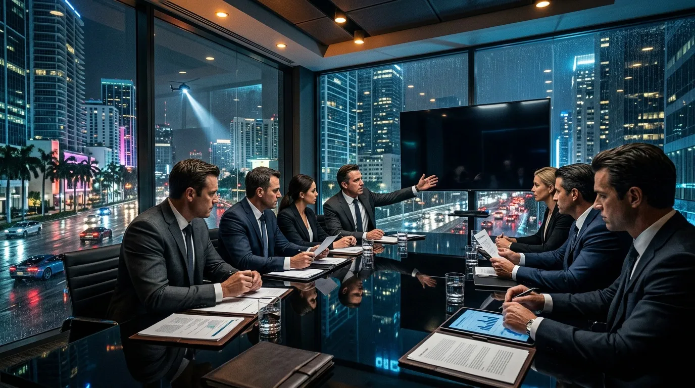 Professionelle Geschäftsleute bei Konferenz mit Stadtblick nachts