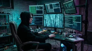 Person sitzt vor Computern mit Code auf Bildschirmen