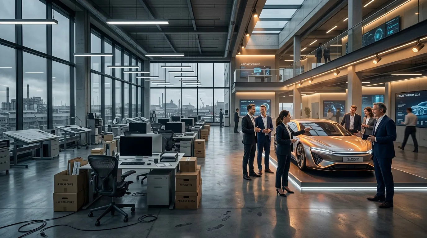 Modernes Büro mit Konzeptauto und Geschäftsleuten