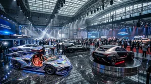 Futuristische Concept-Cars in großer beleuchteter Ausstellungshalle