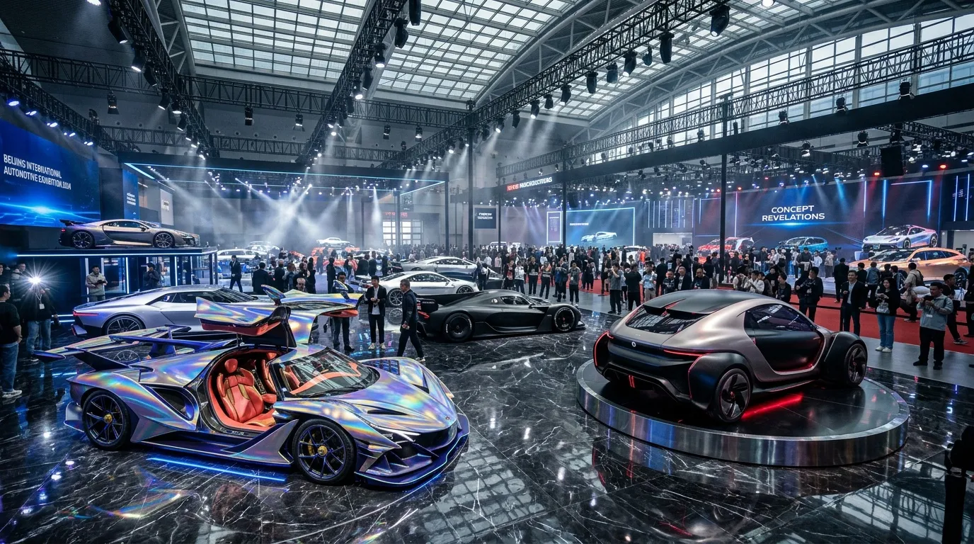 Futuristische Concept-Cars in großer beleuchteter Ausstellungshalle