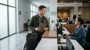 Mann mit Rucksack spricht mit Rezeptionistin im modernen Hotel