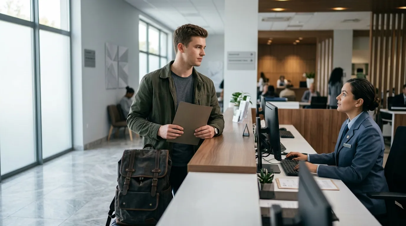 Mann mit Rucksack spricht mit Rezeptionistin im modernen Hotel