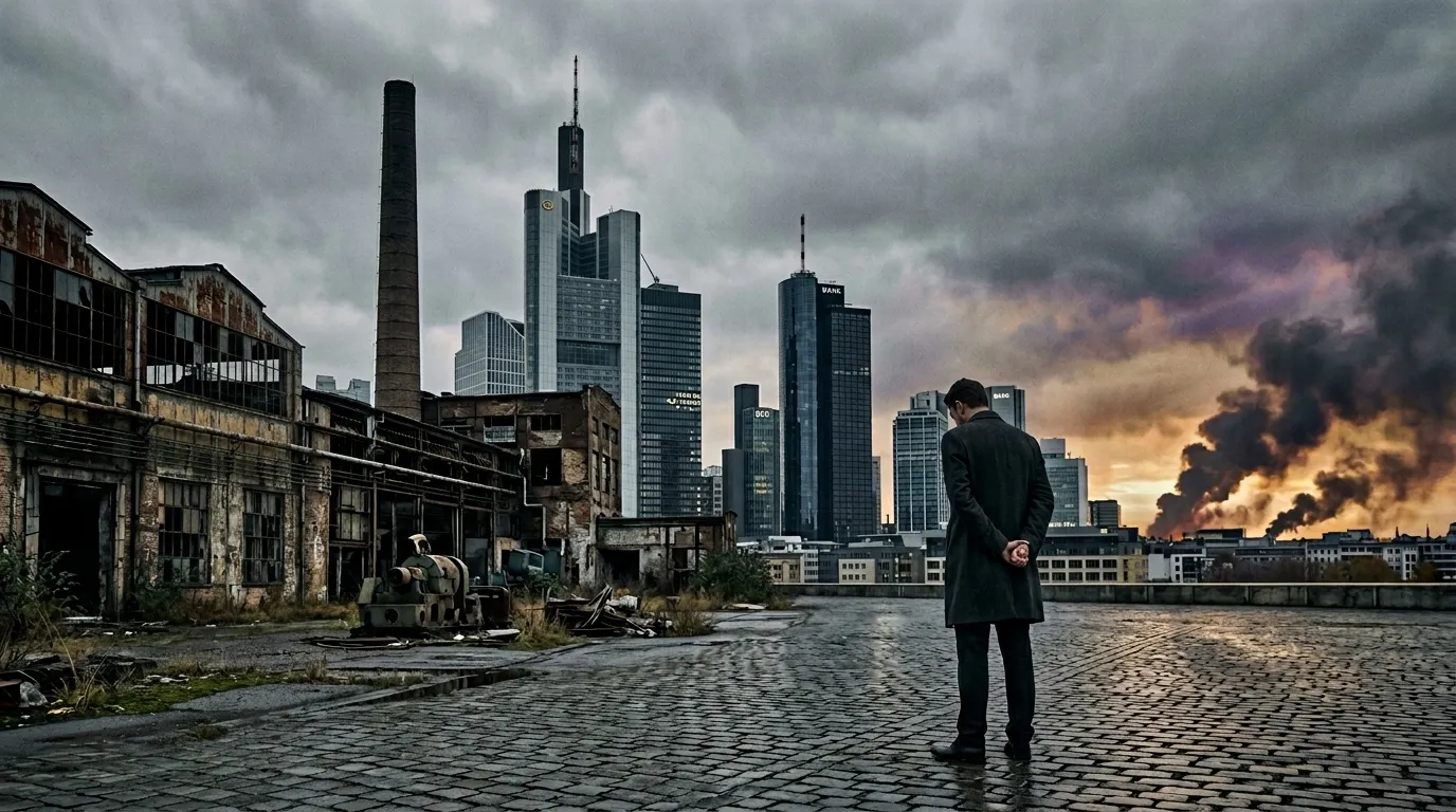 Mann beobachtet Feuer in zerstörter Industriestadt mit Wolkenkratzern