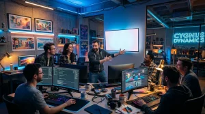 Entwickler und Designer arbeiten zusammen in futuristischem Büro