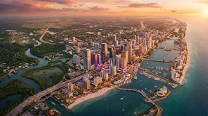 Küstenstadt mit Hochhäusern, Strand und Hafen bei Sonnenuntergang