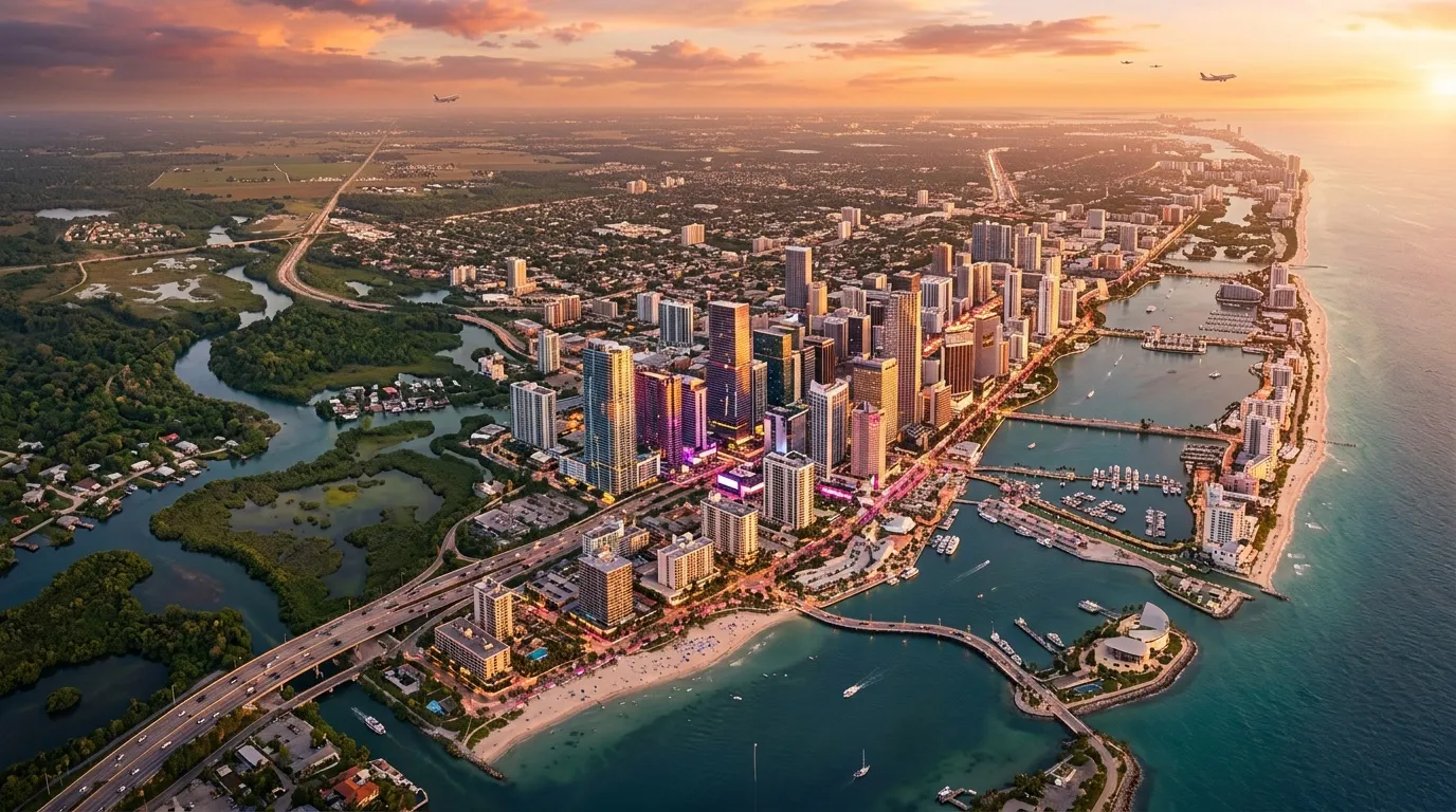 Küstenstadt mit Hochhäusern, Strand und Hafen bei Sonnenuntergang