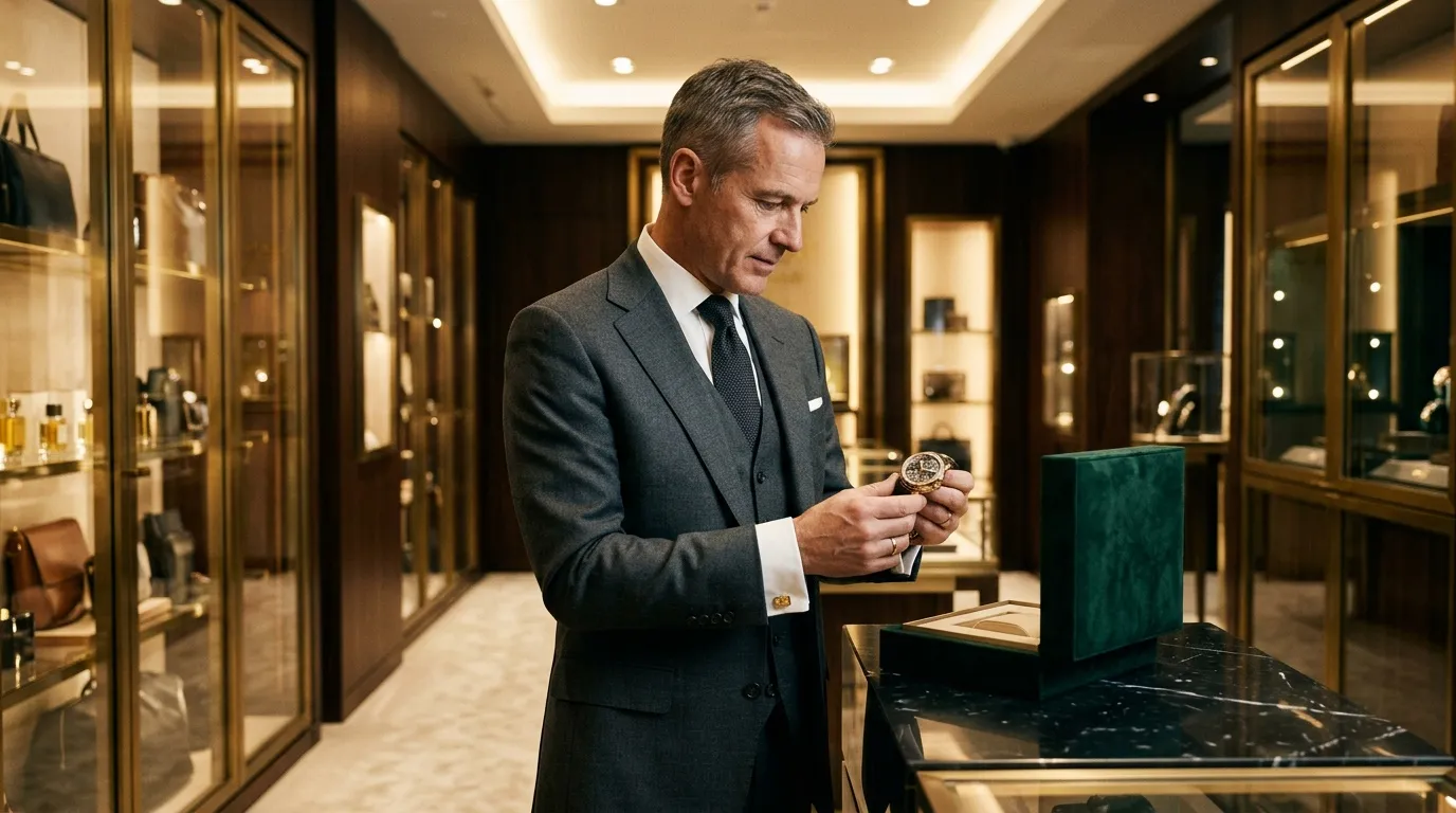 Mann in Anzug bewundert Luxusuhr im eleganten Boutique-Showroom