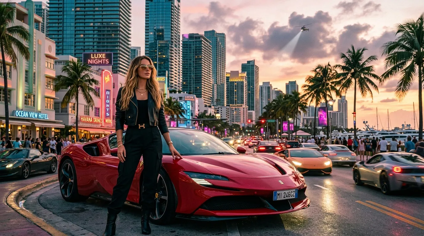 Frau neben rotem Sportwagen in nächtlicher Hafenstadt