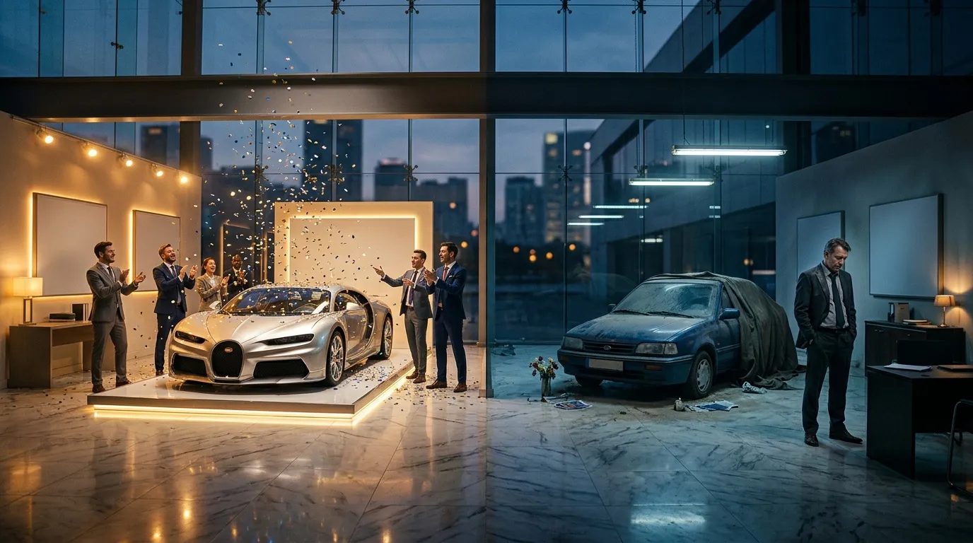 Luxuswagen neben verfallenes Auto in modernem Showroom