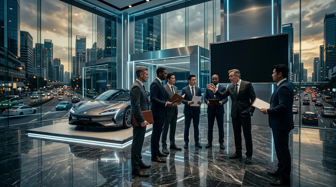 Geschäftsmänner diskutieren vor Luxusfahrzeug in Glasausstellung