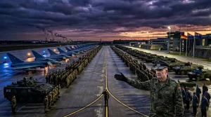 Soldaten und Kampfflugzeuge auf Flugplatz bei Dämmerung