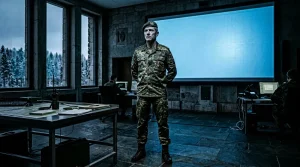 Uniformierter Offizier steht in modernem Militärbüro vor Bildschirm