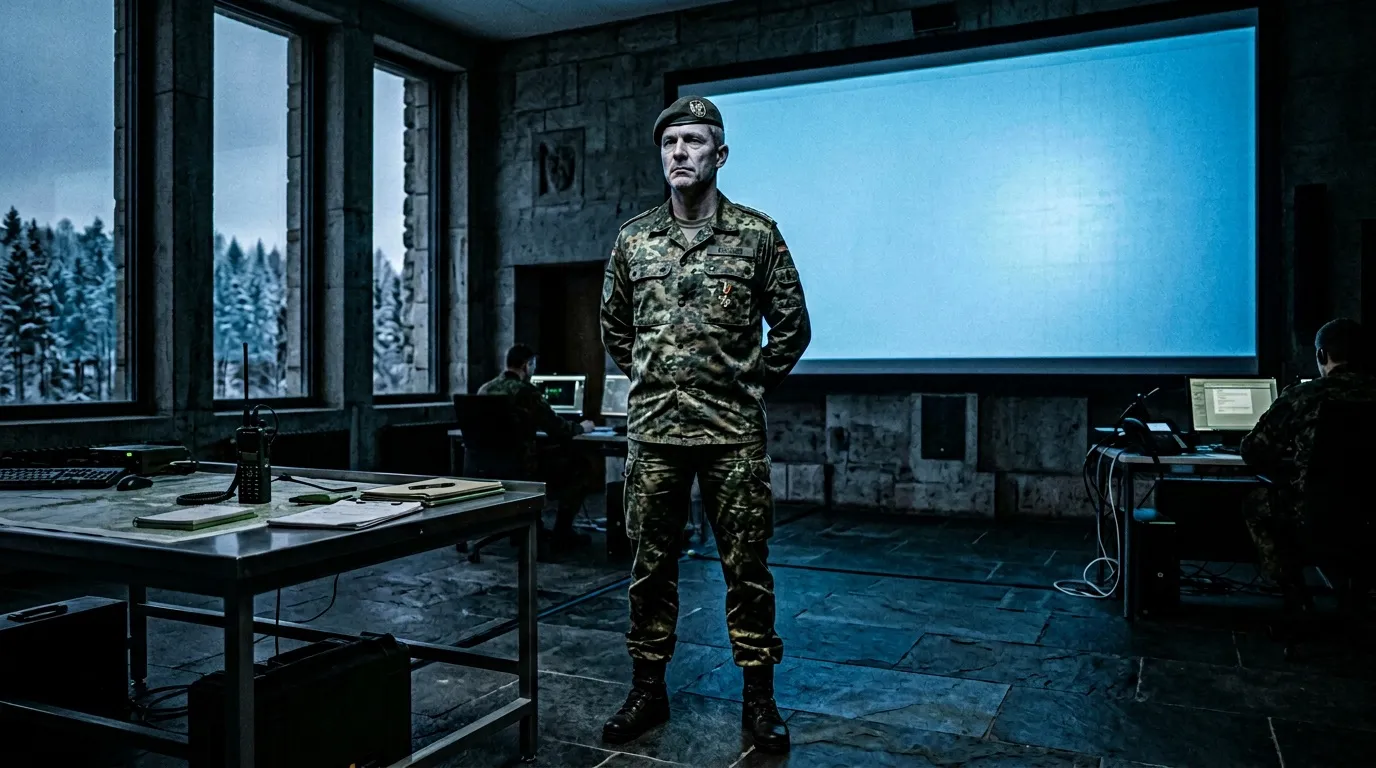 Uniformierter Offizier steht in modernem Militärbüro vor Bildschirm