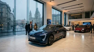Luxus-Elektrofahrzeuge in futuristischem Ausstellungsraum mit Stadtblick
