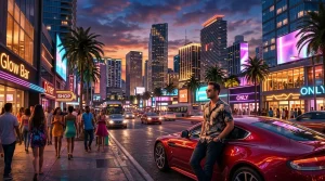 Mann lehnt an rotem Auto in neonbeleuchteter Stadtstraße bei Sonnenuntergang