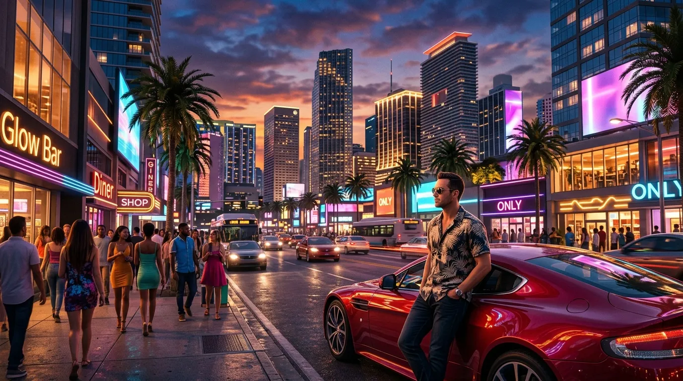 Mann lehnt an rotem Auto in neonbeleuchteter Stadtstraße bei Sonnenuntergang