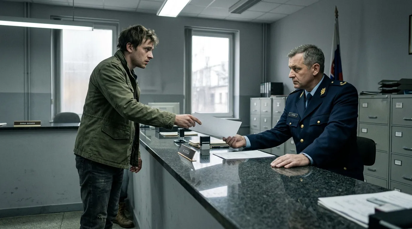 Militäroffizier und junger Mann tauschen Papiere in Büro aus