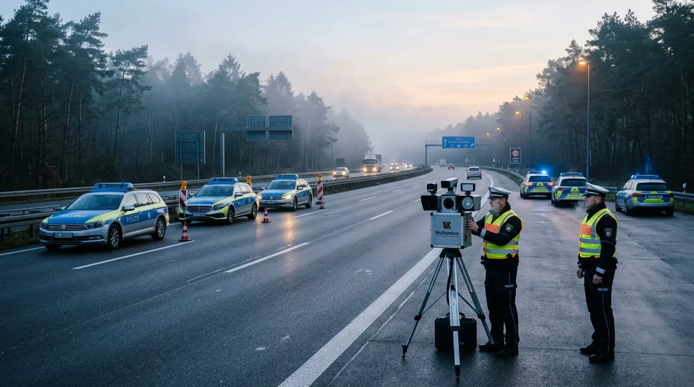 Polizisten führen Geschwindigkeitskontrolle mit Radargerät durch