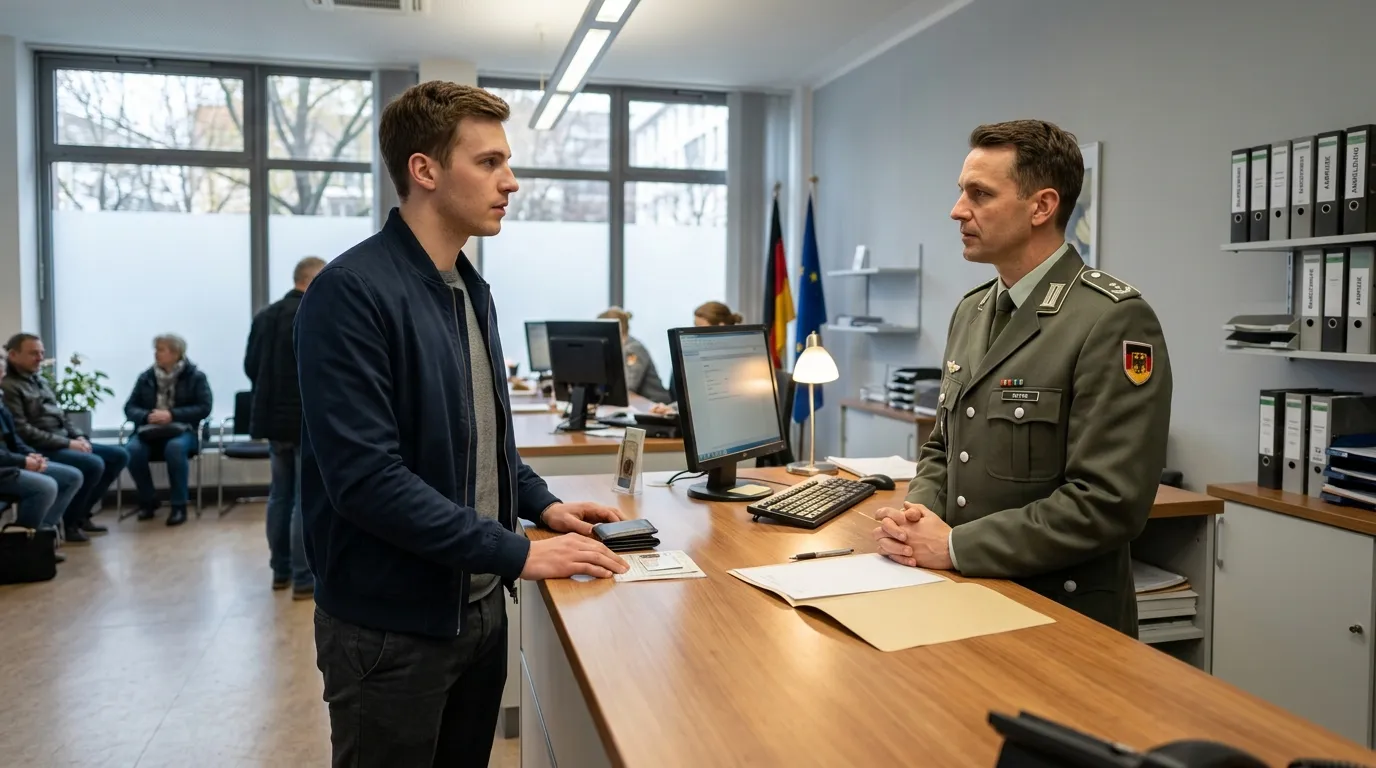 Junger Mann spricht mit Militäroffizier am Schreibtisch.