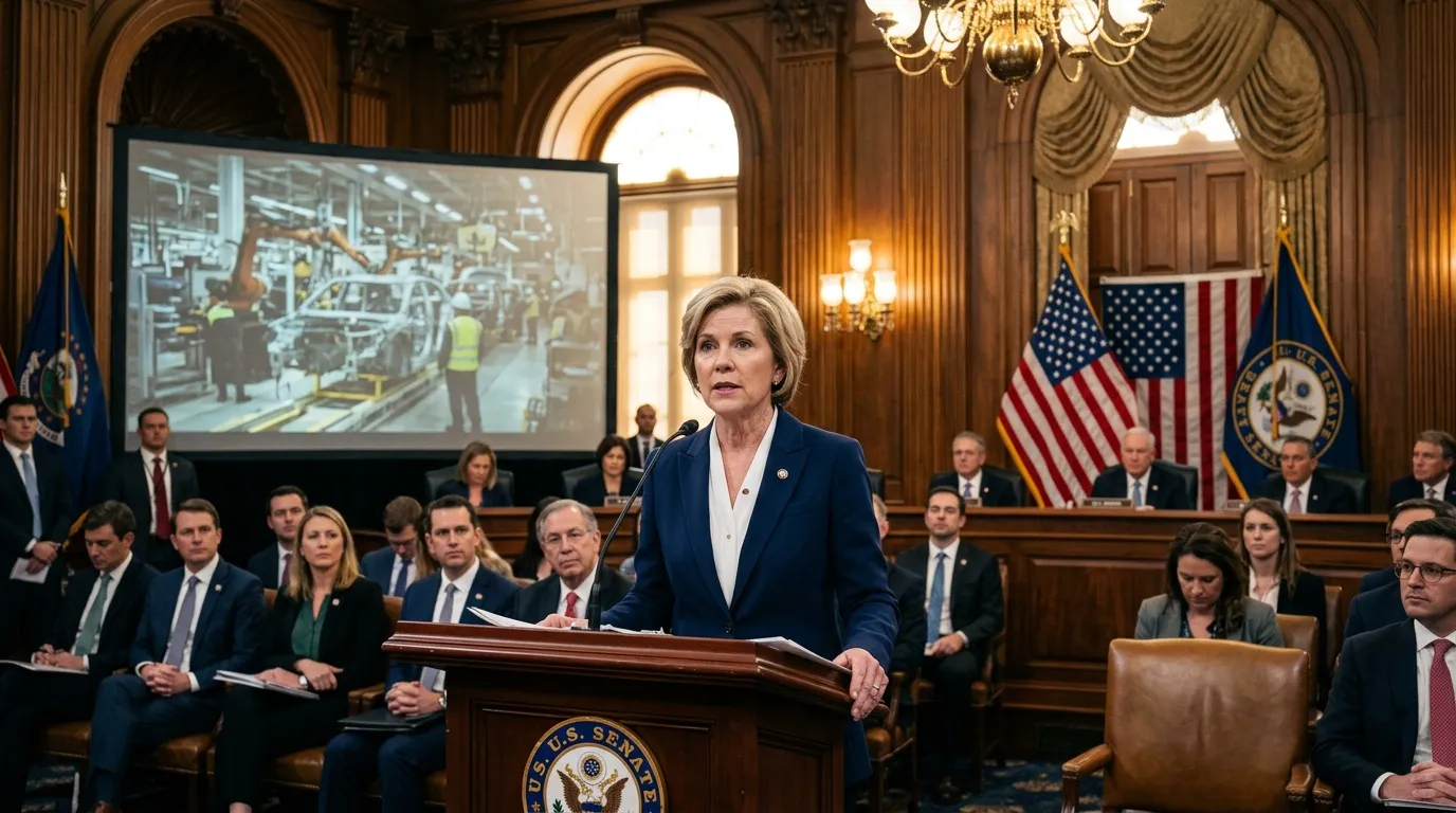 Frau spricht am Rednerpult vor Senatoren und Flaggen
