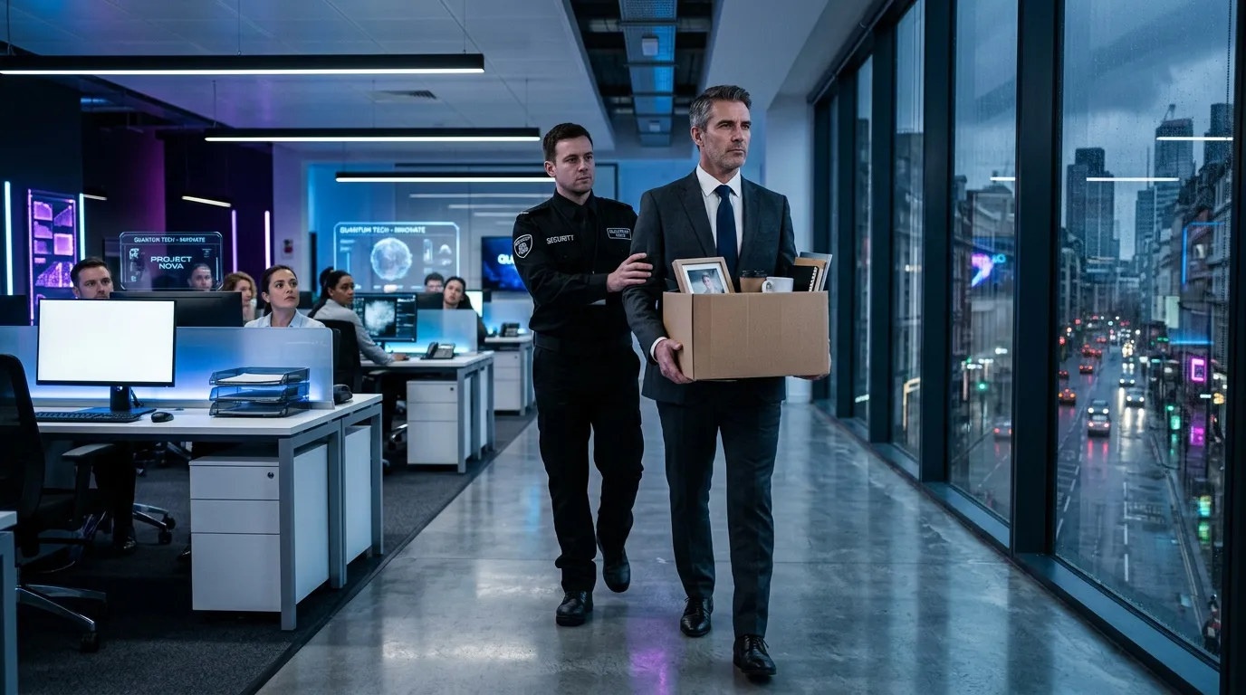 Zwei Männer in schwarzer Kleidung verlassen Bürogebäude mit Karton