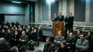 Gruppe von Menschen sitzt in moderner Halle, Mann spricht am Podium