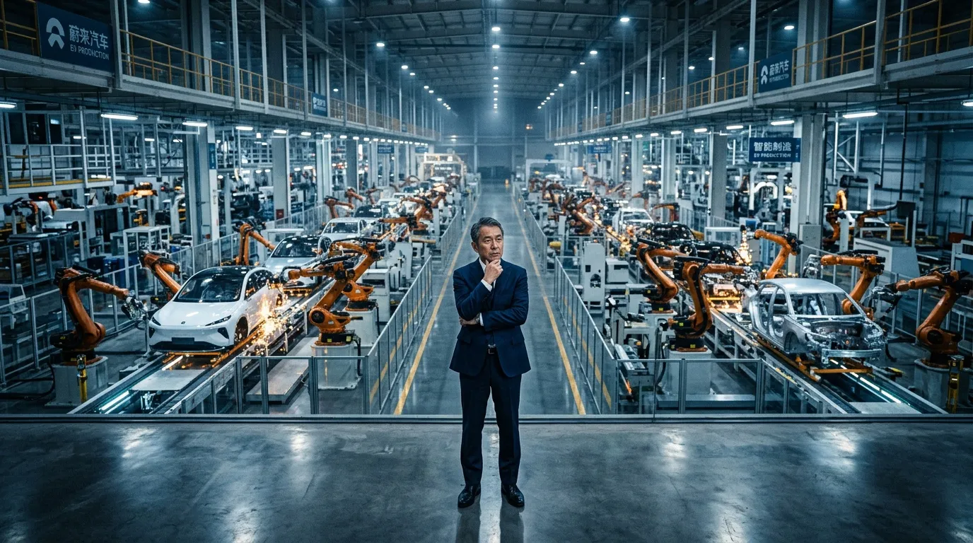 Mann in Anzug steht in großer Roboter-Autofabrik