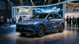 Blauer XPeng G9 SUV auf Ausstellungsstand mit Besuchern