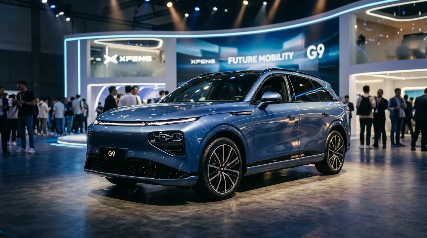Blauer XPeng G9 SUV auf Ausstellungsstand mit Besuchern