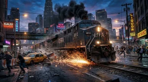 Lokomotive kollidiert mit Auto in futuristischer Cyberpunk-Großstadt nachts