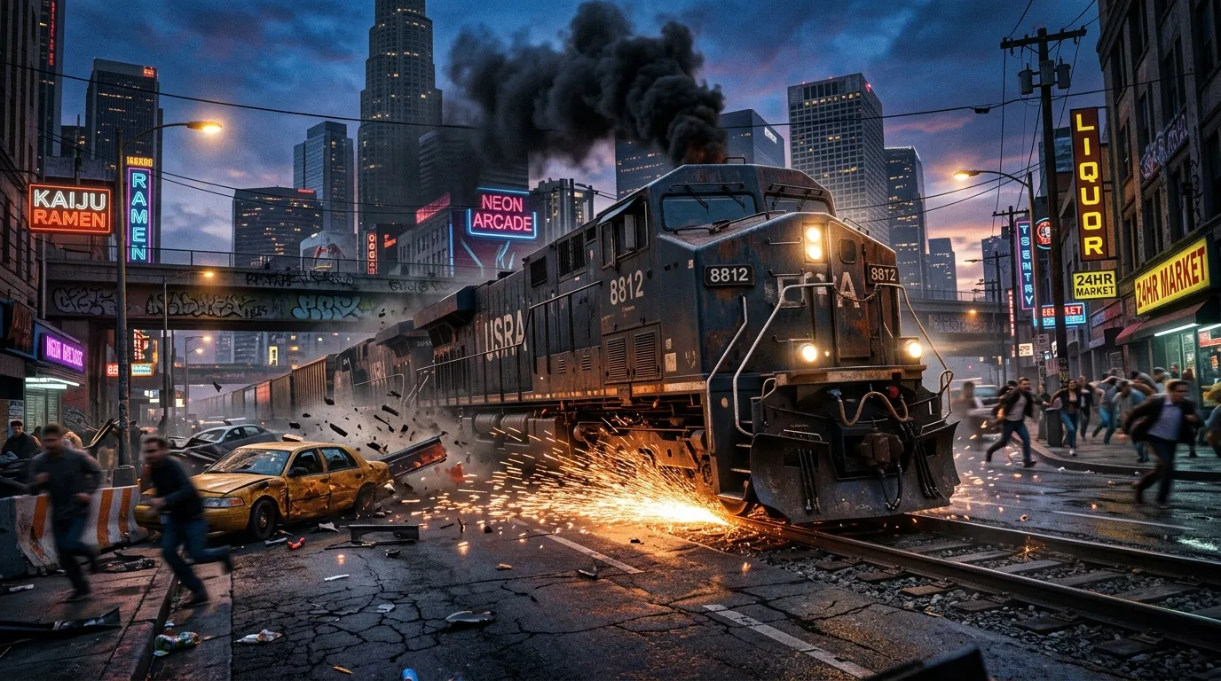 Lokomotive kollidiert mit Auto in futuristischer Cyberpunk-Großstadt nachts