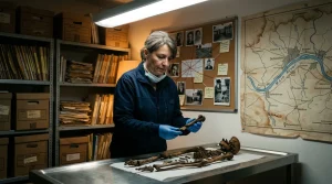 Frau mit Handschuhen untersucht alte Knochen in Museum