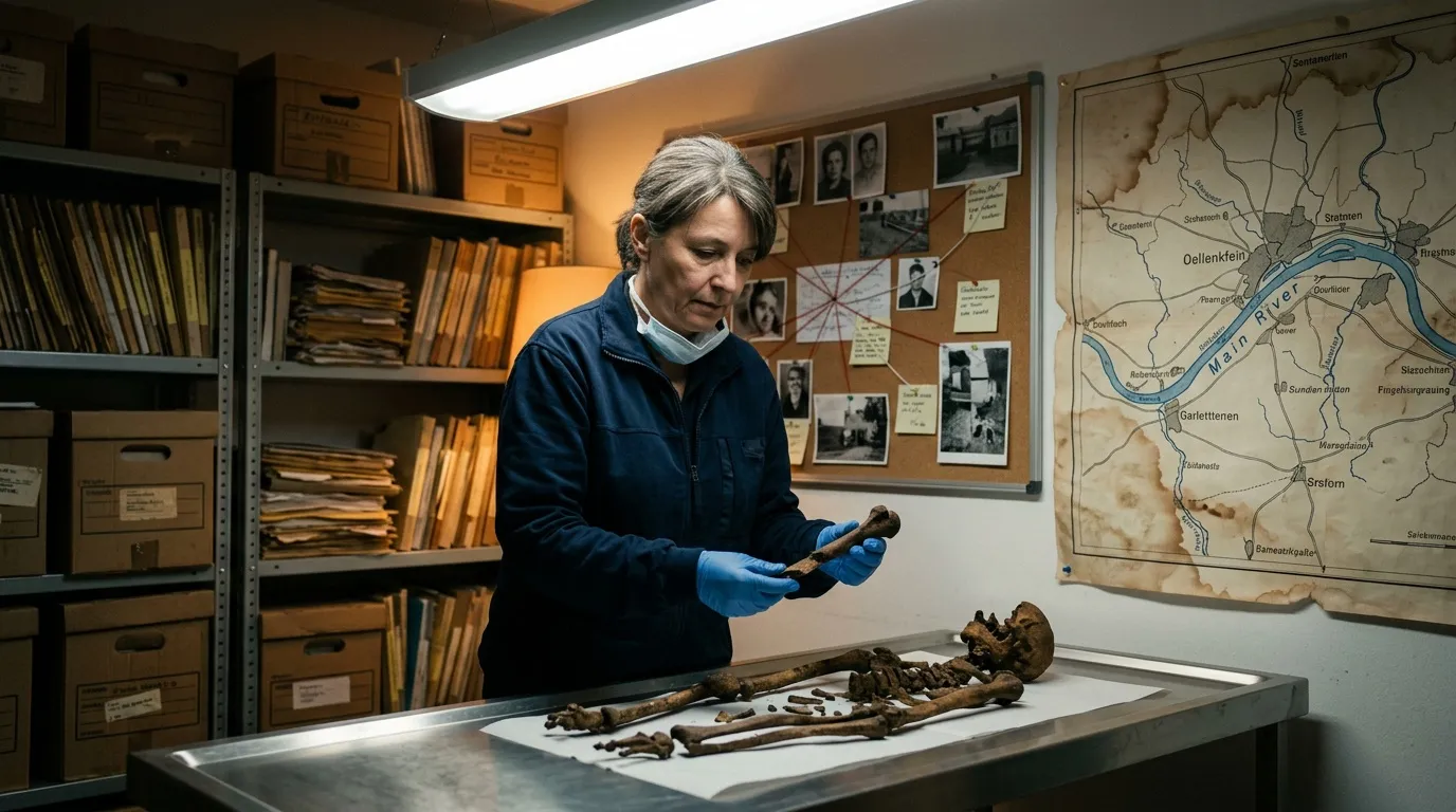Frau mit Handschuhen untersucht alte Knochen in Museum