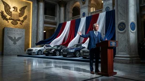 Mann spricht am Podium vor luxuriösen Autos und amerikanischer Flagge