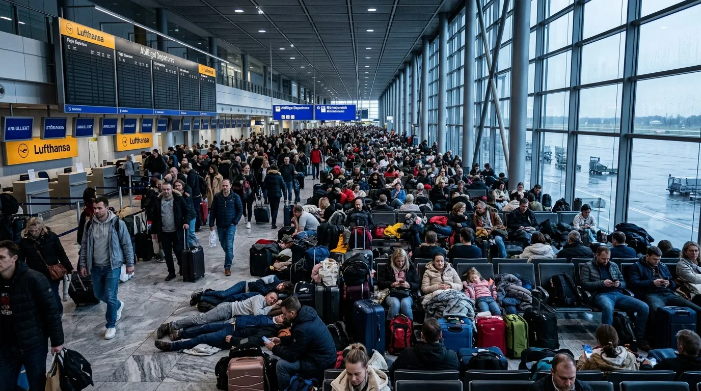 Hunderte Passagiere warten im Lufthansa-Terminal des Flughafens.