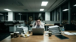 Erschöpfter Mann arbeitet nachts am Laptop im Büro