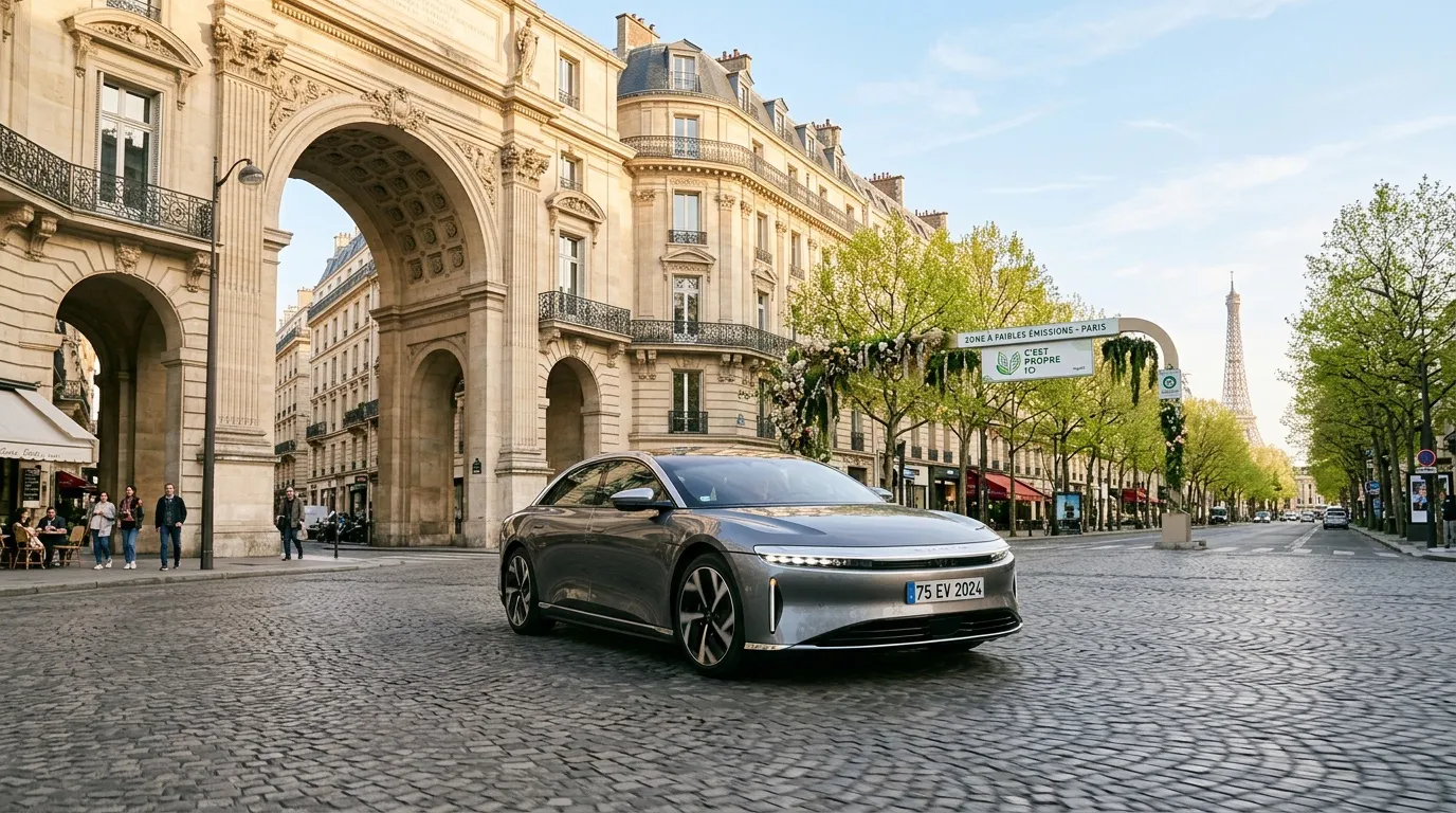 Modernes Elektrofahrzeug auf Pariser Straße mit Eiffelturm
