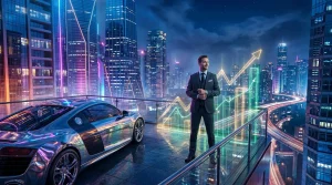 Geschäftsmann mit Luxusauto vor Finanzdiagrammen Nachtstadt