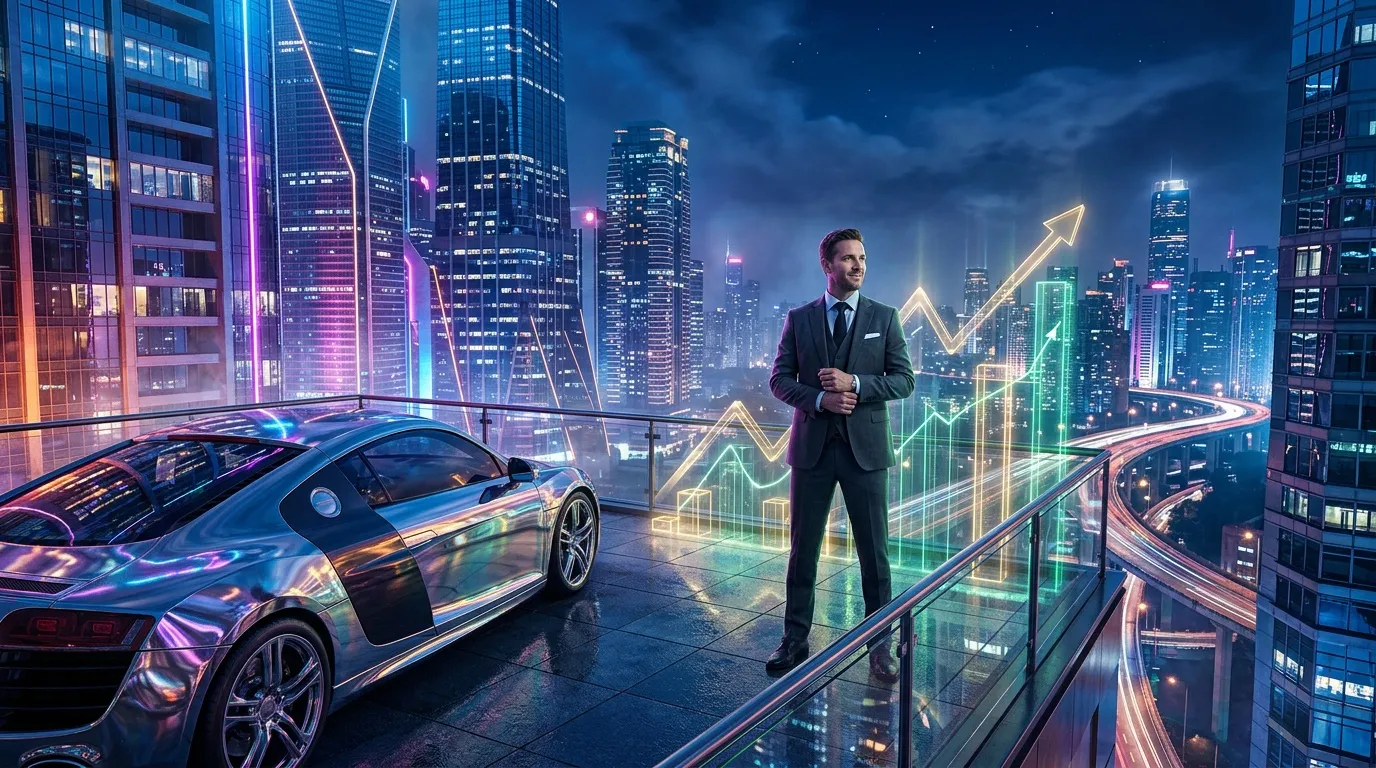 Geschäftsmann mit Luxusauto vor Finanzdiagrammen Nachtstadt